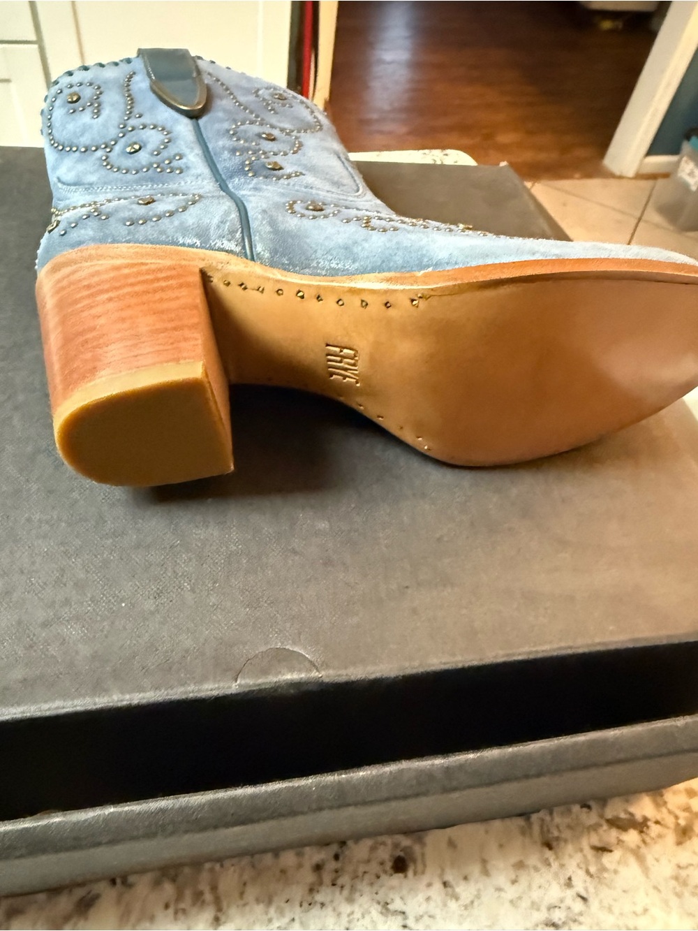 FRYE Blue Suede Studded Western Booties with Tan Sole - Picture 4 of 8
